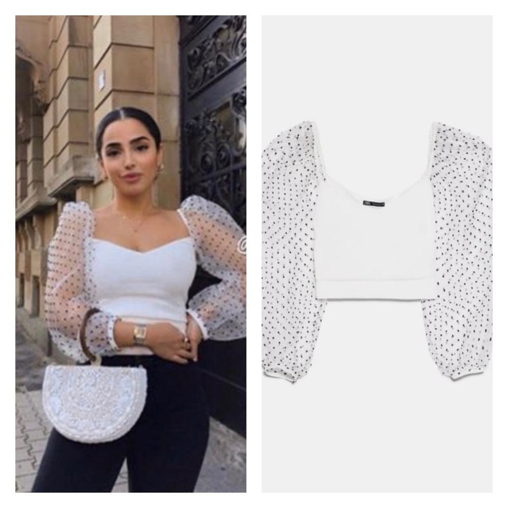 Zara | Dotted Mesh puff sleeves polka dot crop top